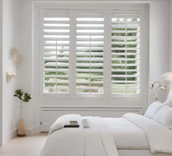 white colored Shutters as perfect window coverings for bedroom