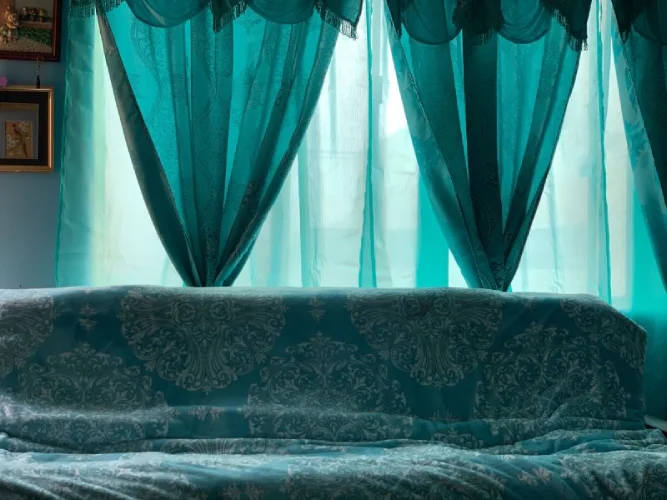 blue curtains as Window Coverings for Bedroom