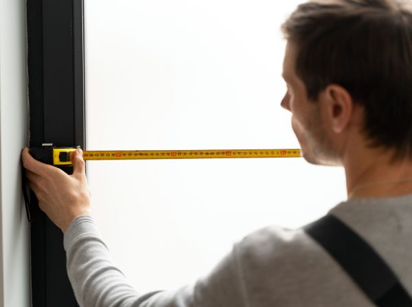 A man is measuring windows and showing what are window treatments.