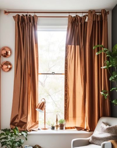 copper pipes showing curtains hanging without a rod
