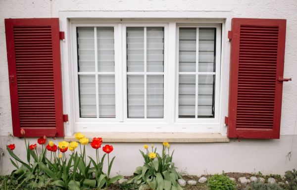 a beautiful window, flowers outside showing what are window treatments