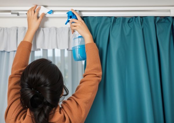 a girl is showing how to clean blackout curtains