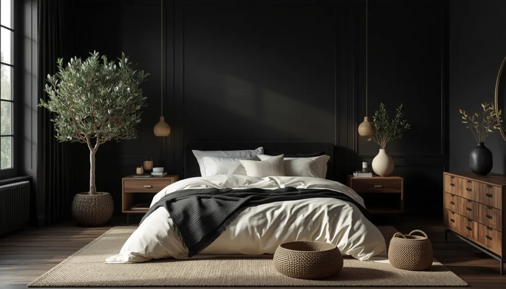 Black Bedroom with Indoor Greenery