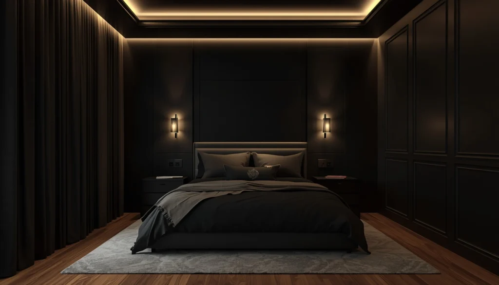Black Bedroom with Layered Ambient Lighting