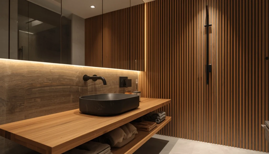 Black Stone Basin with Wood Slat Accent Wall