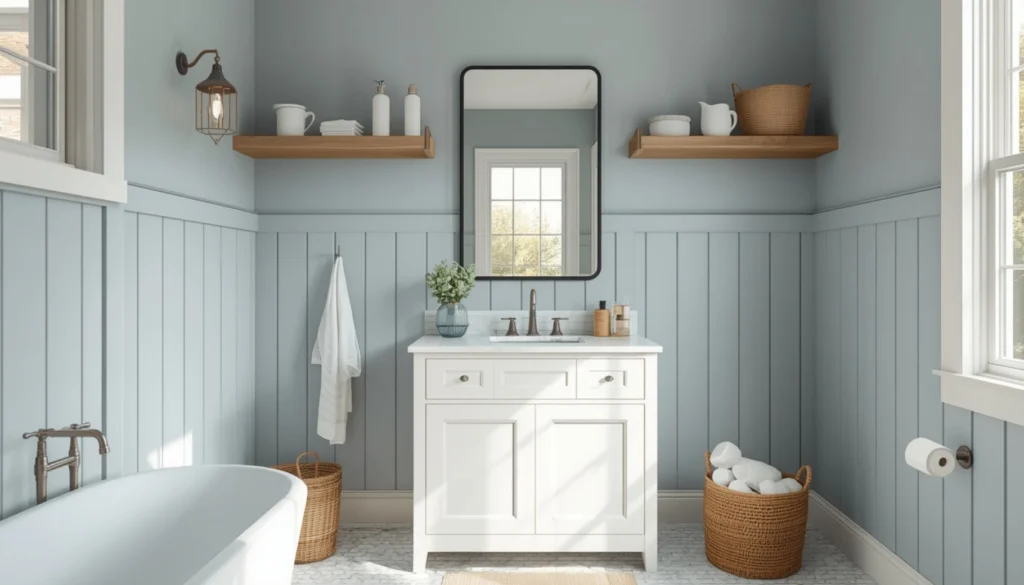 Blue Board and Batten Walls with a Classic White Vanity