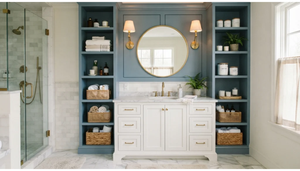 Blue Built In Shelving Around the Vanity