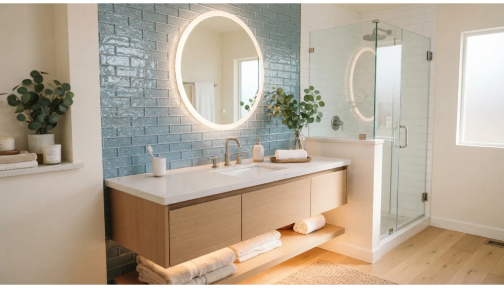 Blue Glass Tile Backsplash Behind the Vanity