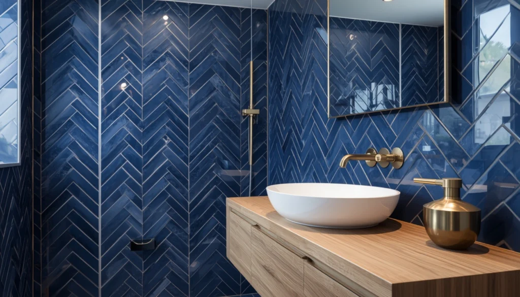 Blue Herringbone Tile Feature Wall