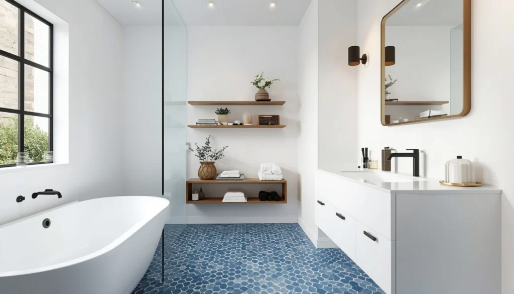 Blue Hexagon Floor Tiles with Crisp White Walls