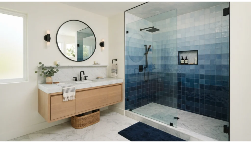 Blue Ombre Tile Shower Wall