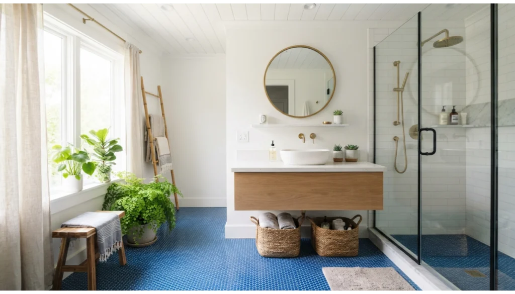 Blue Penny Tile Floor with White Walls