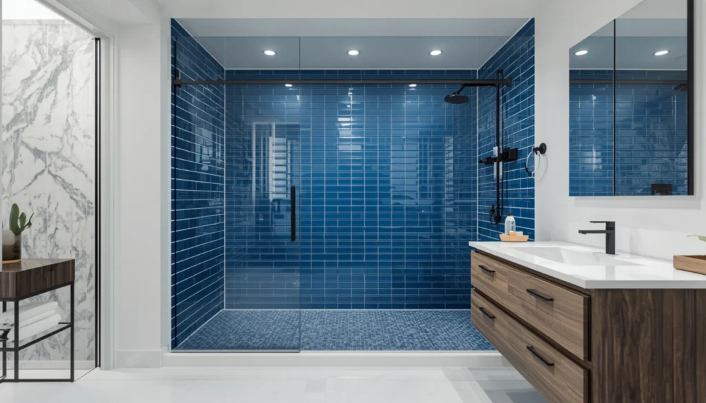 Blue Subway Tile Shower Feature