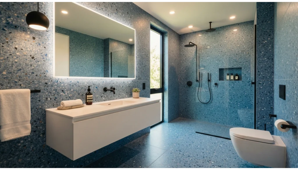 Blue Terrazzo Bathroom with Modern Finishes