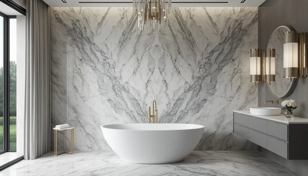 Bookmatched Marble Look Tile Wall