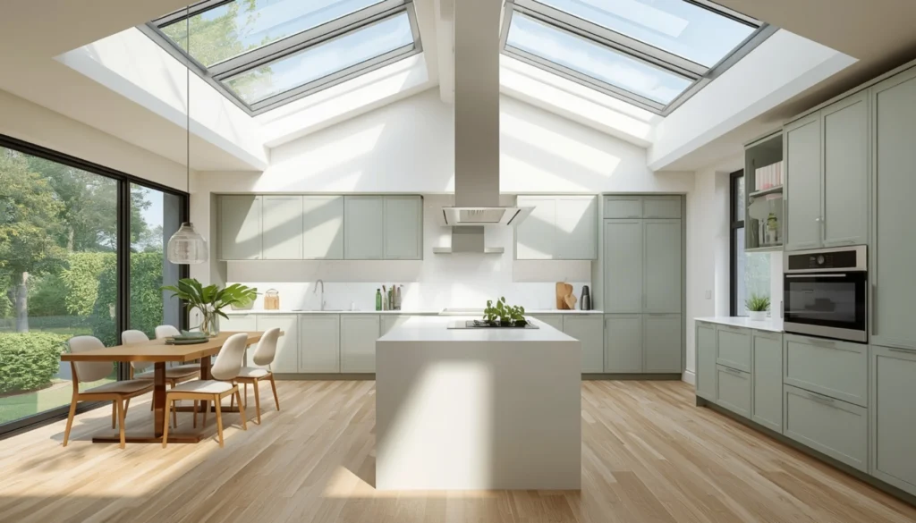 Bright Sage Green Kitchen with Skylights