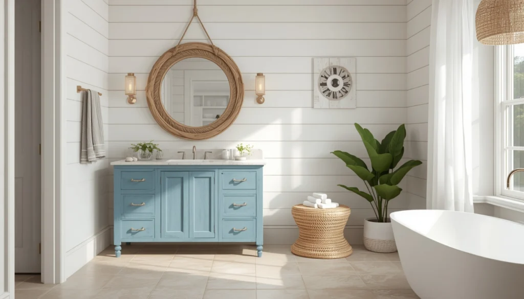 Coastal Blue Bathroom with Natural Wood Details
