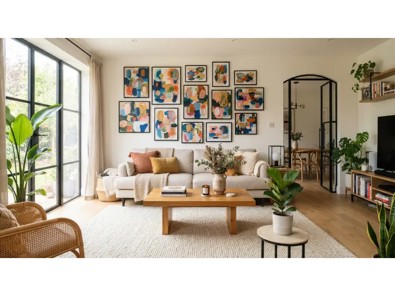 Colorful Gallery Wall with Neutral Furniture