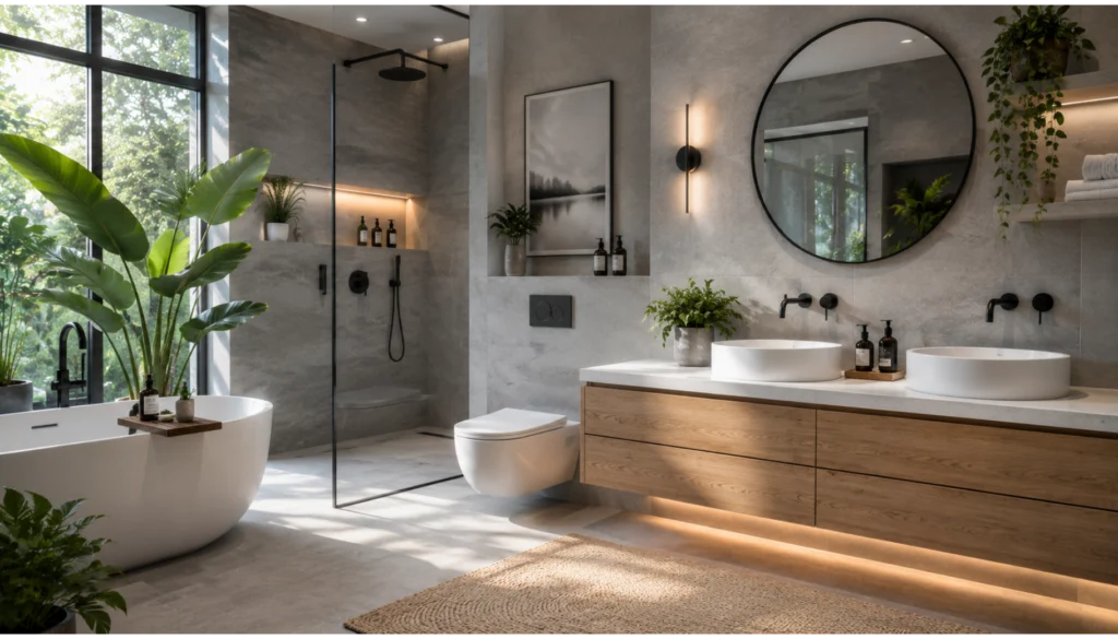 Contemporary Grey Bathroom with Greenery