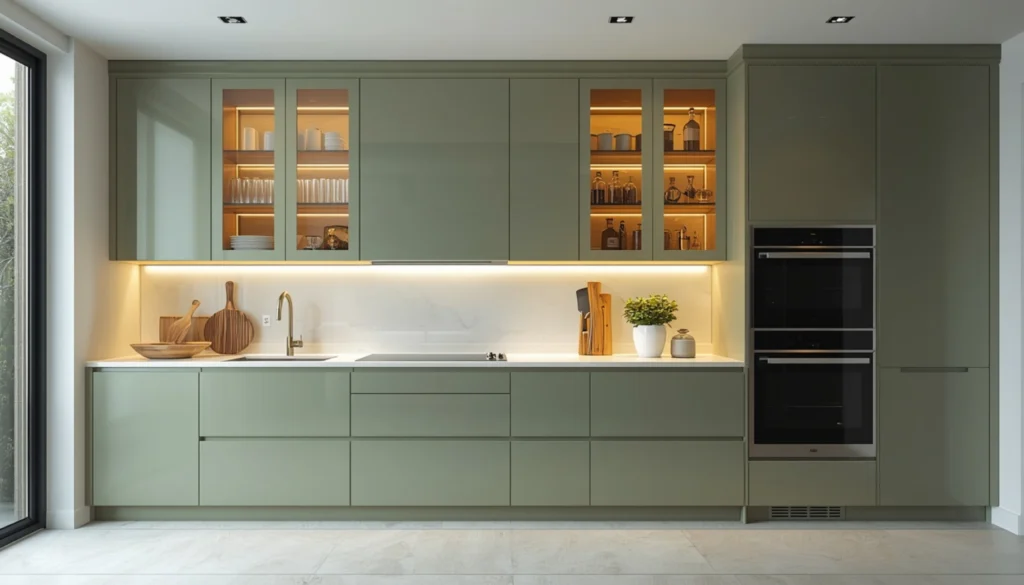 Contemporary Sage Green Kitchen with Glass Cabinets