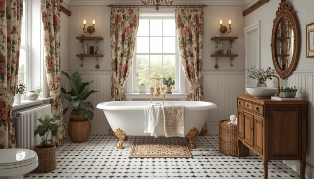 Cottage Bathroom with Checkered Floor Tiles
