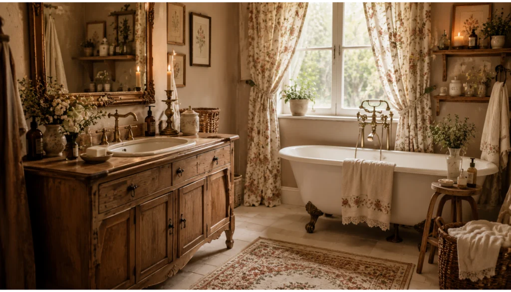 Cottage Bathroom with Open Wooden Shelving
