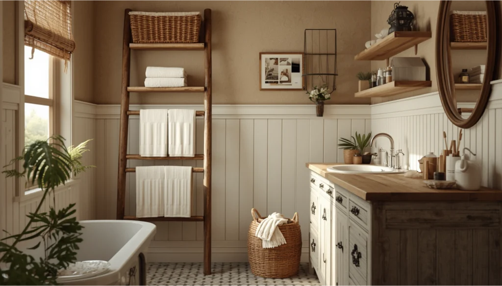 Cottage Bathroom with Rustic Ladder Storage
