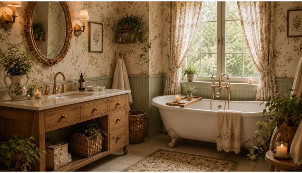 Cottagecore Bathroom with Botanical Wallpaper