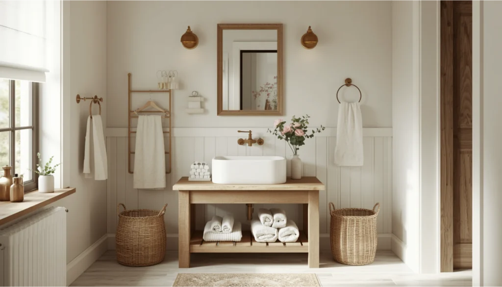 Cottagecore Bathroom with Freestanding Wooden Vanity
