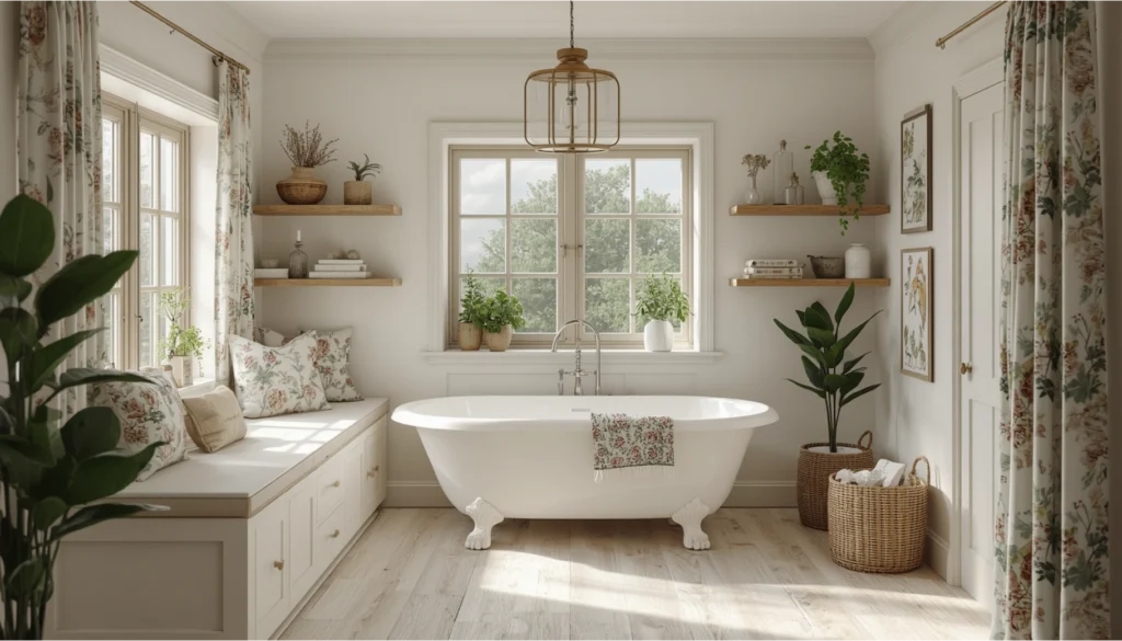 Cottagecore Bathroom with Window Seat and Plants