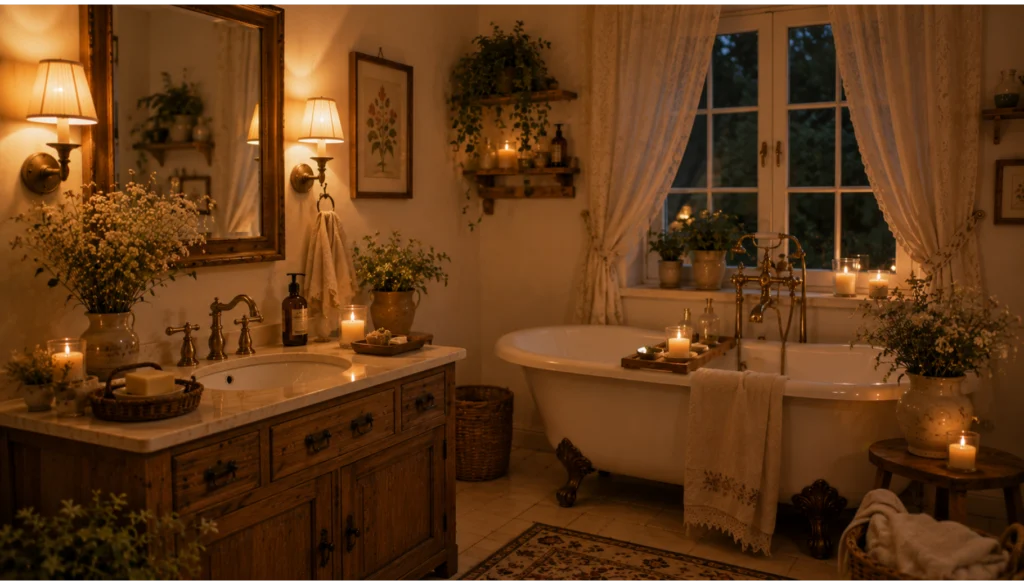 Cozy Cottage Bathroom with Warm Lighting