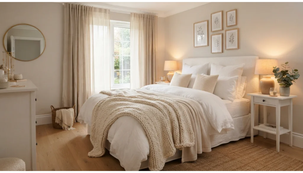 Cozy White Bedroom With Layered Bedding