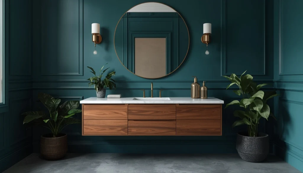 Deep Teal Walls with Warm Walnut Wood