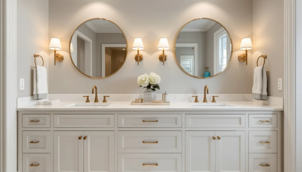 Double Vanity with Matching Round Mirrors