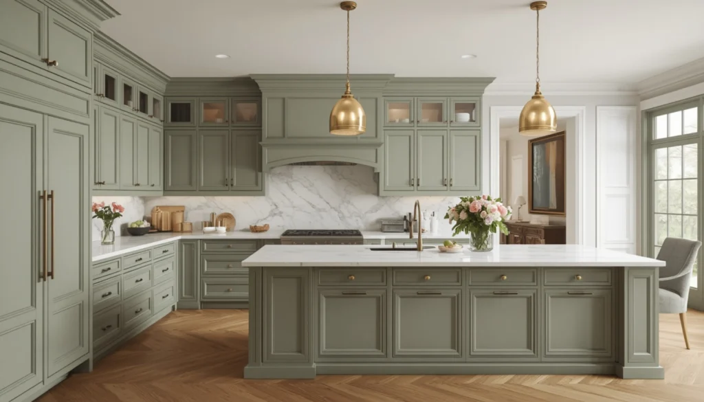 Elegant Sage Green Kitchen with Gold Accents