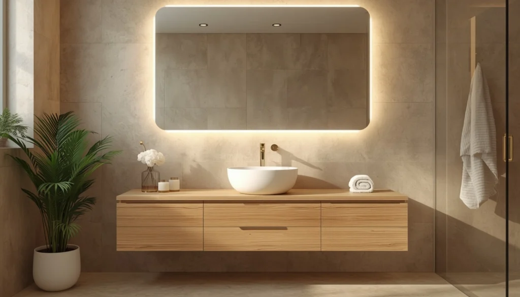 Floating Oak Vanity with White Vessel Sink