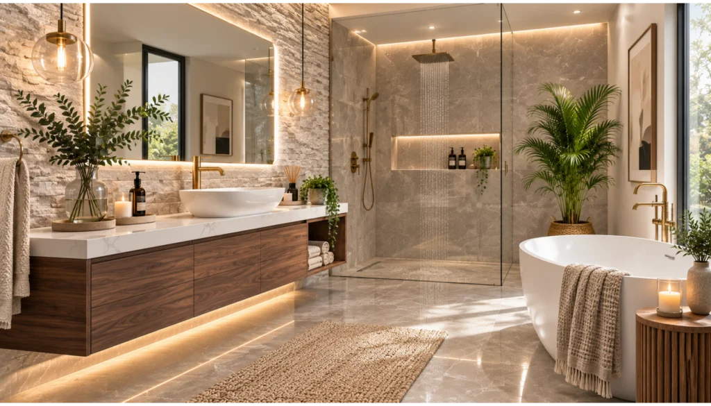 Floating Vanity with Warm Wood