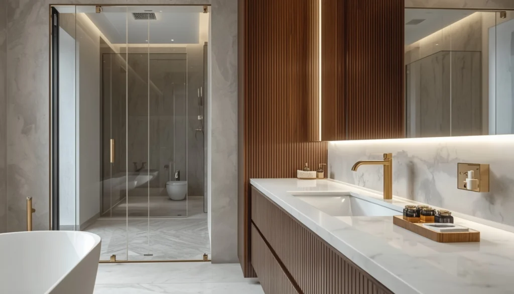 Floating Walnut Vanity with Ribbed Glass Doors