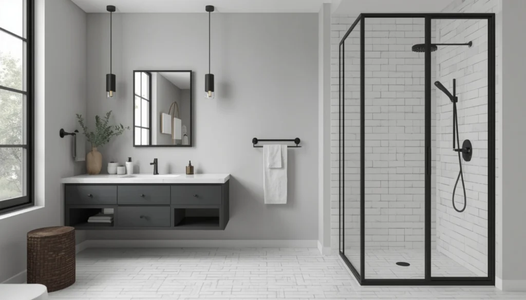 Grey Bathroom with Black Fixtures