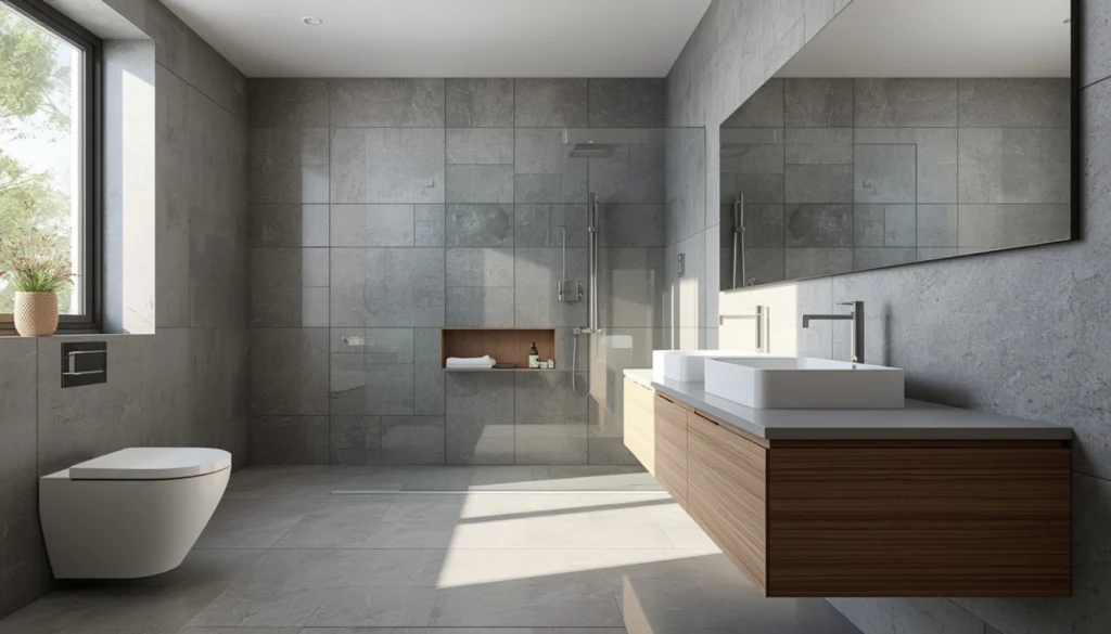 Grey Bathroom with Floor to Ceiling Tiles