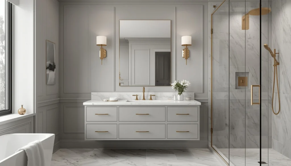 Grey Bathroom with Gold Accents