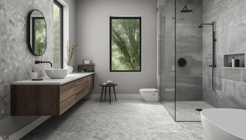 Grey Bathroom with Hexagon Floor Tiles