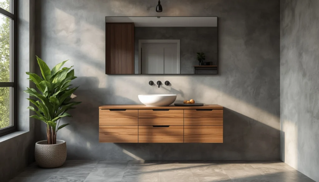 Grey Bathroom with Natural Wood Vanity