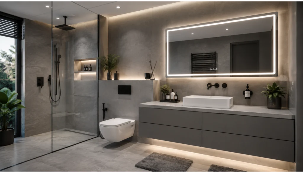 Grey Bathroom with Smart Lighting