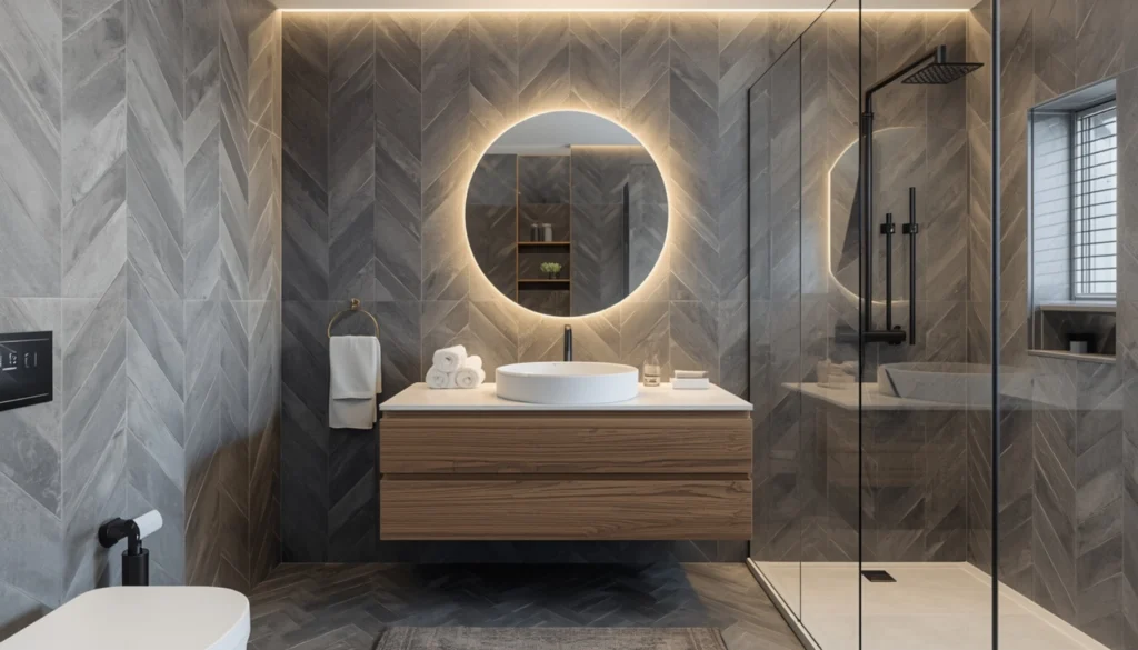 Grey Herringbone Tile Bathroom