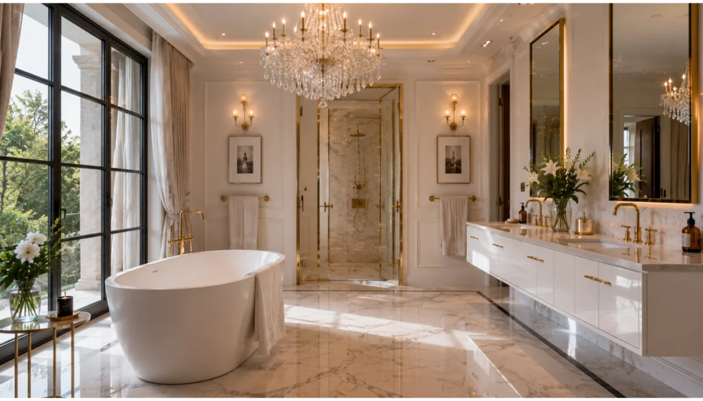 Luxury Bathroom with Statement Chandelier