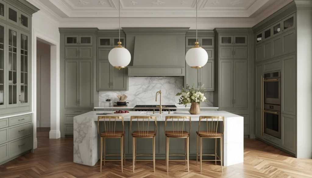 Luxury Sage Green Kitchen with Statement Lighting