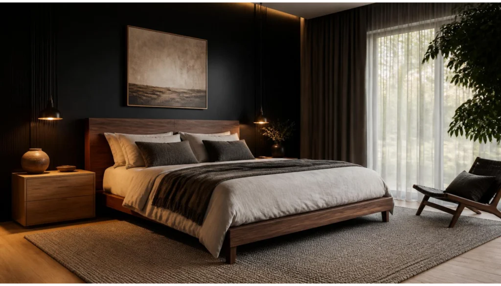 Matte Black Walls with Warm Wood Details