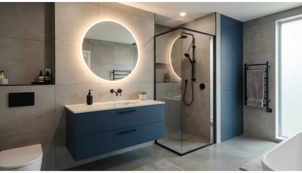Modern Blue Floating Vanity with LED Mirror