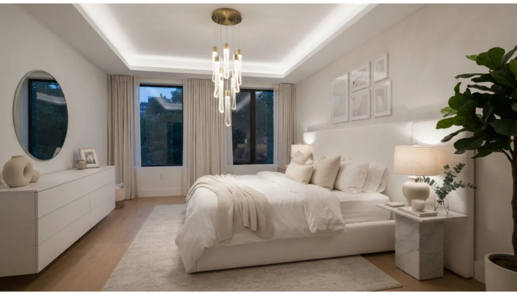 Modern White Bedroom With Statement Lighting